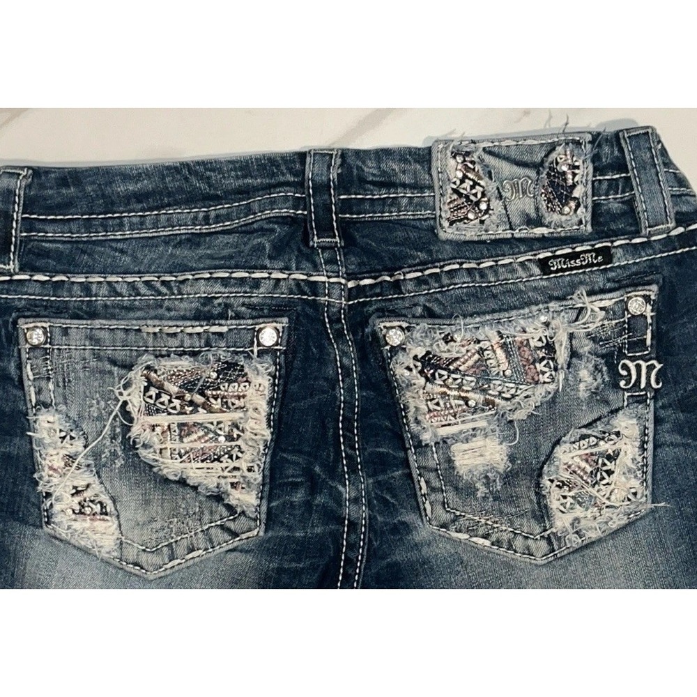 Miss Me Women's 29 Jeans Embellished Flap Pockets Distressed Crop Raw Hem